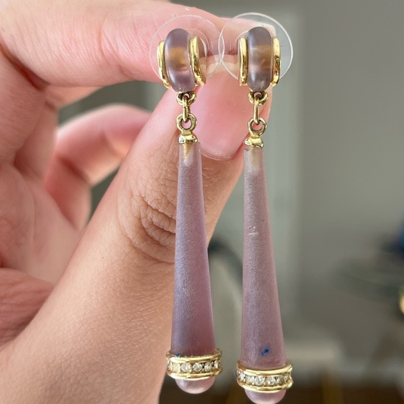 Vintage Givenchy Matte Purple Resin Slim Long Drop Rhinestone Pierced Earrings - Picture 1 of 6